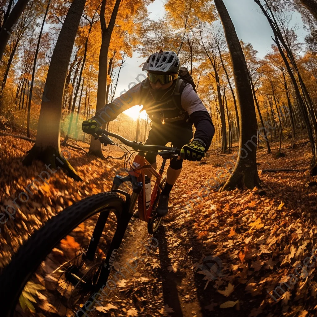 Mountain biker riding through a colorful autumn forest at sunset. - Image 4