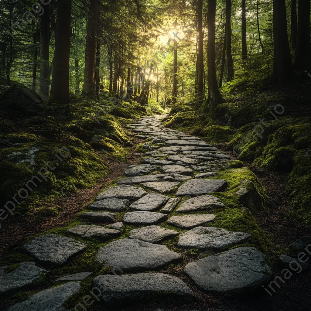 Winding cobblestone path in ancient forest with sunlight filtering through trees - Image 1