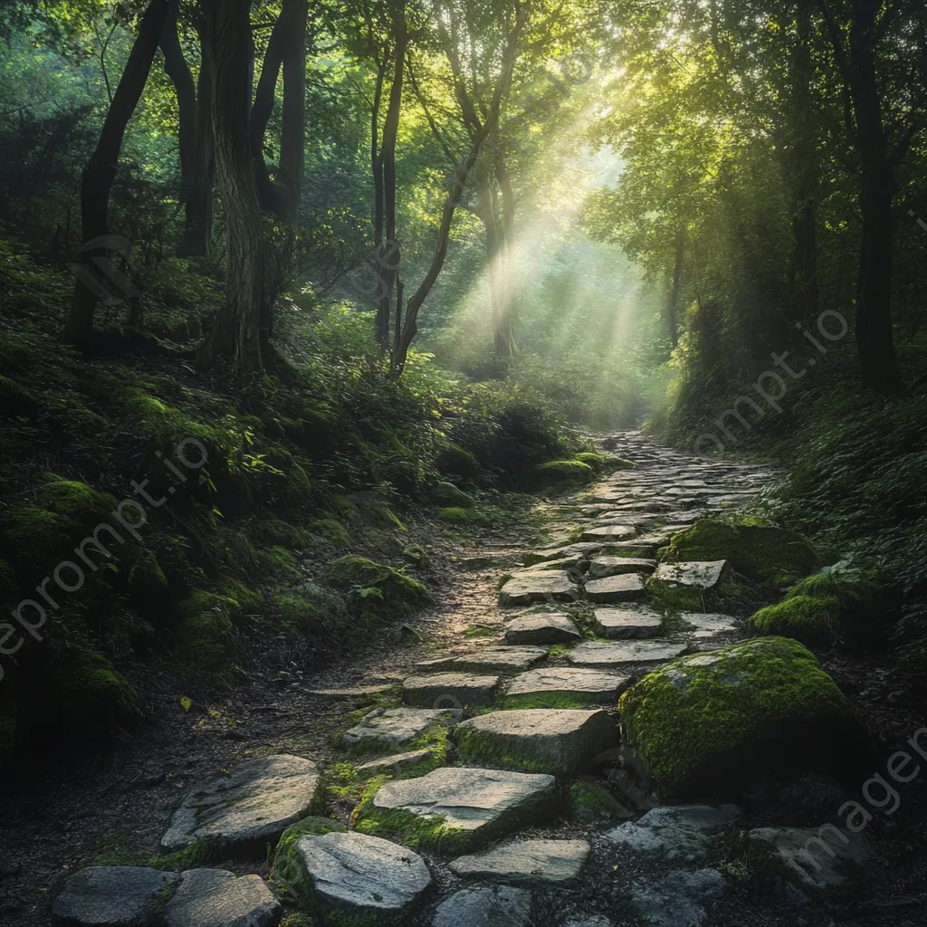 Winding cobblestone path in ancient forest with sunlight filtering through trees - Image 2