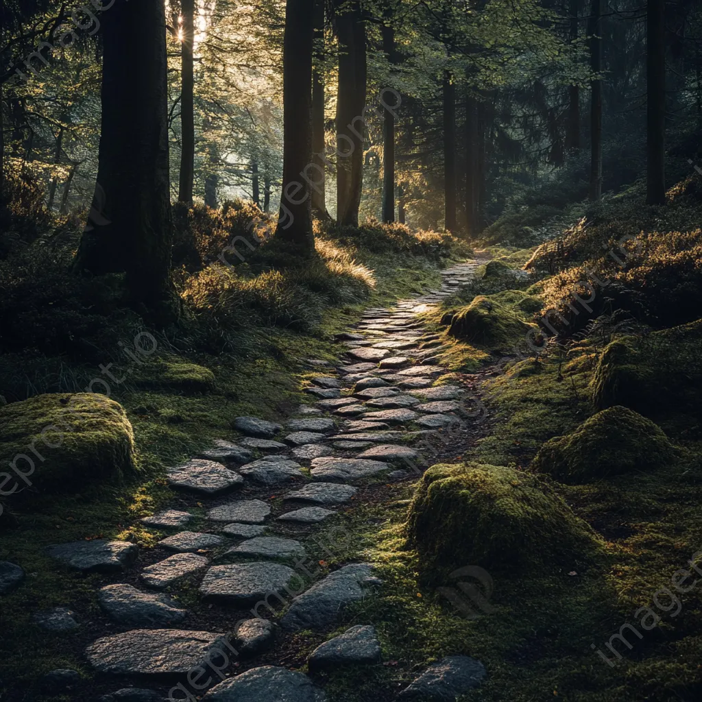 Winding cobblestone path in ancient forest with sunlight filtering through trees - Image 3