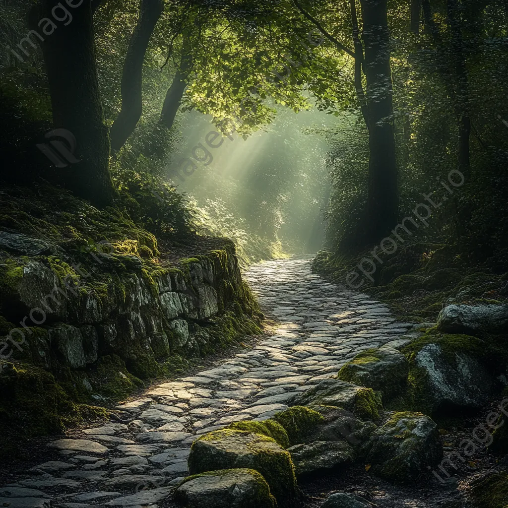 Winding cobblestone path in ancient forest with sunlight filtering through trees - Image 4