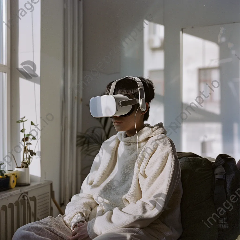 Gamer wearing VR headset in a bright, minimalistic room. - Image 1