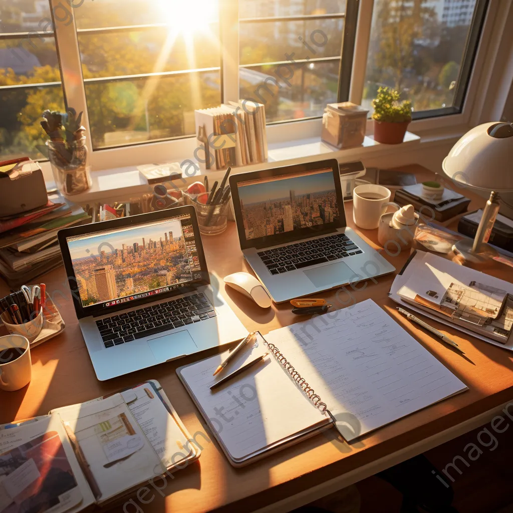 Aerial view of organized study materials on a desk. - Image 2