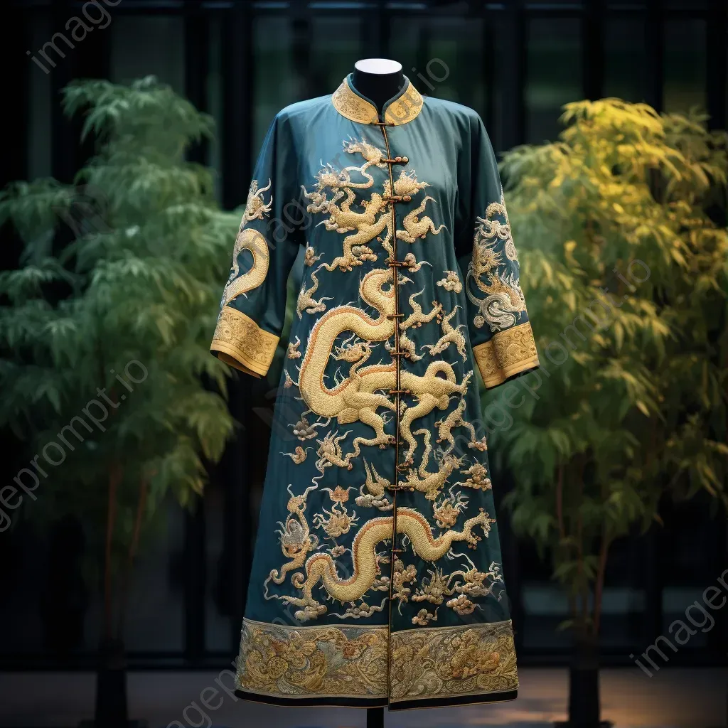 Noblewoman in Chinese Qing Dynasty imperial robe with intricate dragon embroidery in a palace garden. - Image 1