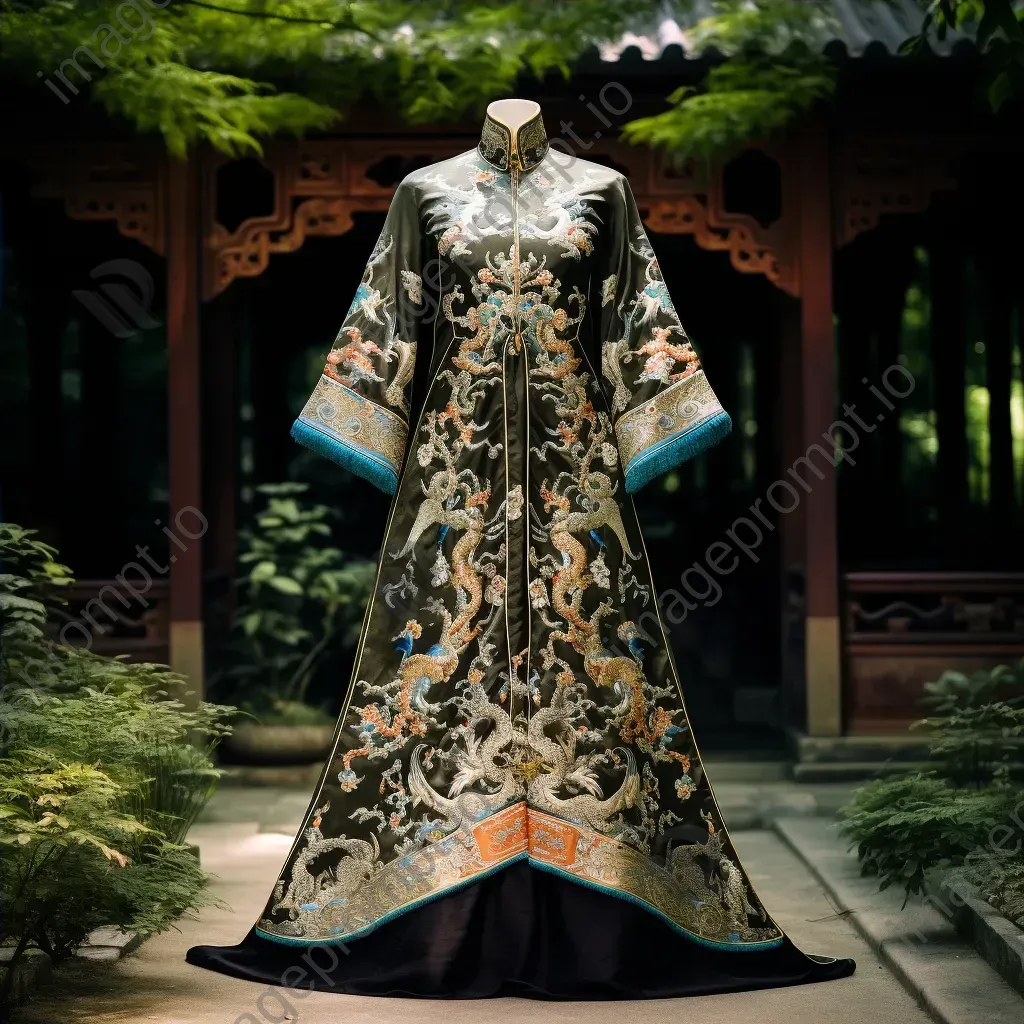 Noblewoman in Chinese Qing Dynasty imperial robe with intricate dragon embroidery in a palace garden. - Image 4