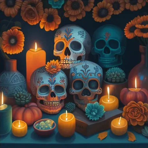 Day of the Dead celebration with sugar skulls and marigolds in Mexico - Image 4