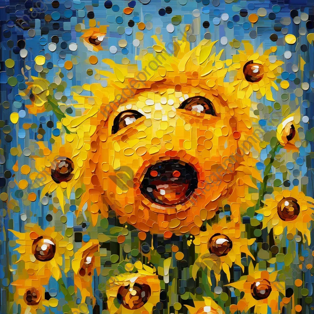 Artwork depicting the first art exhibit from an AI perspective with emoticons on a polygon canvas and cybernetic sunflowers - Image 1