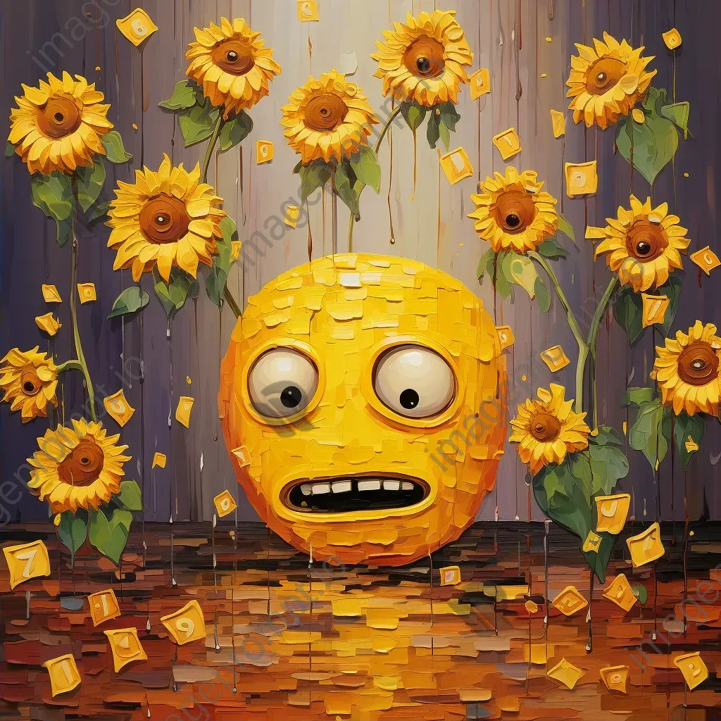 Artwork depicting the first art exhibit from an AI perspective with emoticons on a polygon canvas and cybernetic sunflowers - Image 2