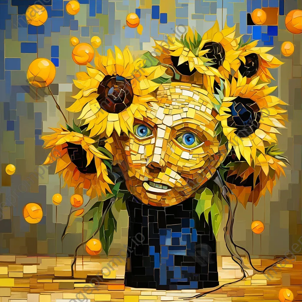 Artwork depicting the first art exhibit from an AI perspective with emoticons on a polygon canvas and cybernetic sunflowers - Image 3