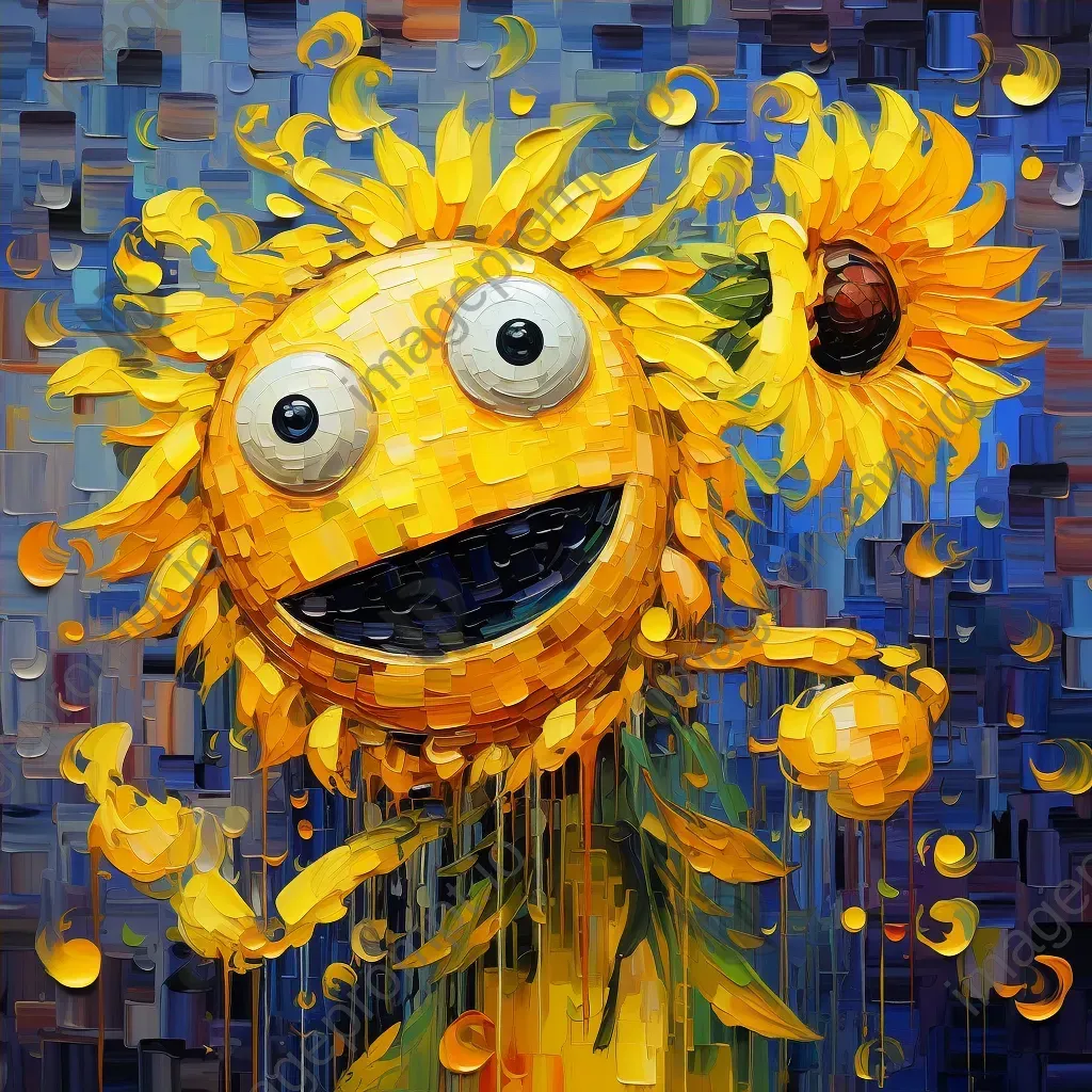 Artwork depicting the first art exhibit from an AI perspective with emoticons on a polygon canvas and cybernetic sunflowers - Image 4