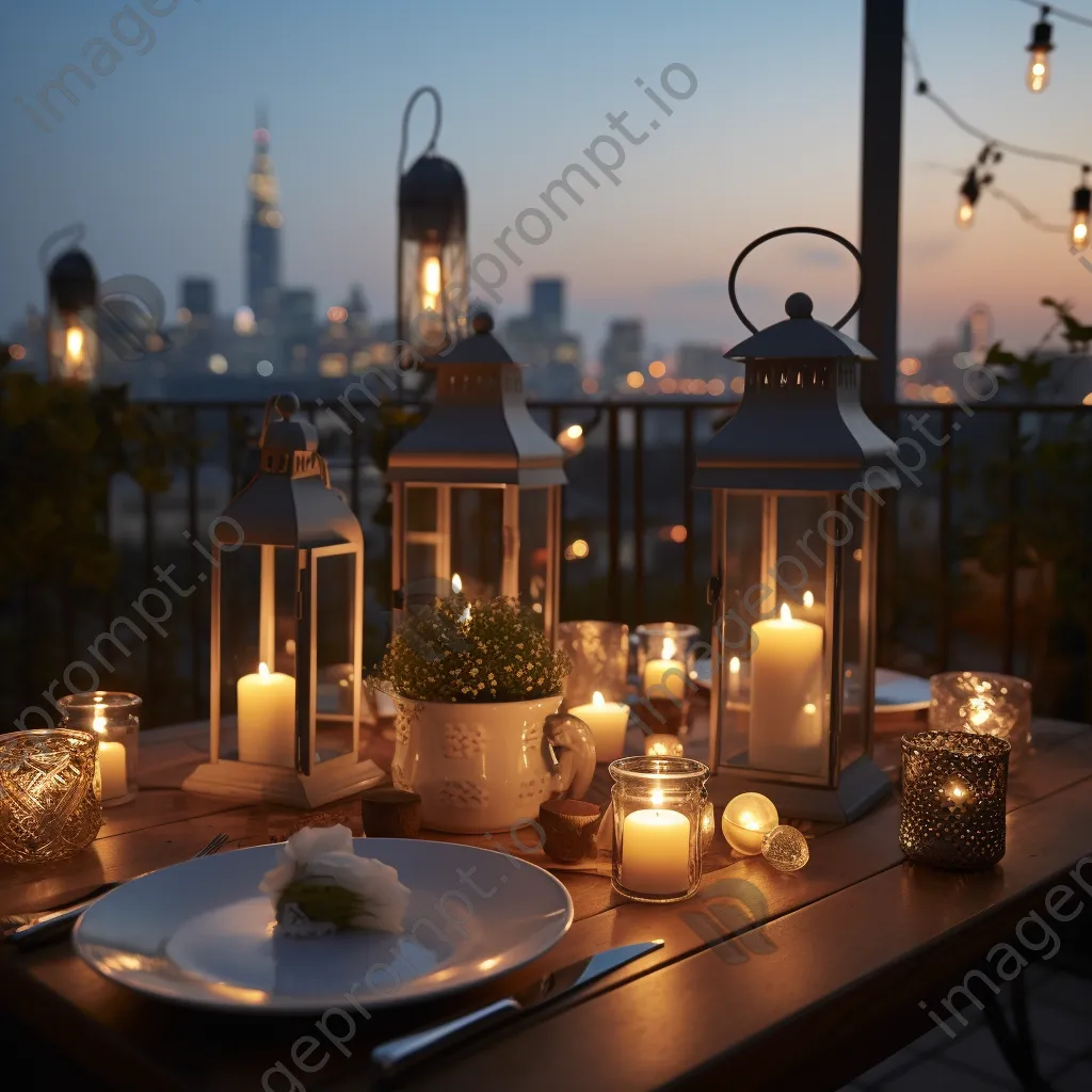 Romantic table setting for two on rooftop terrace at twilight. - Image 1