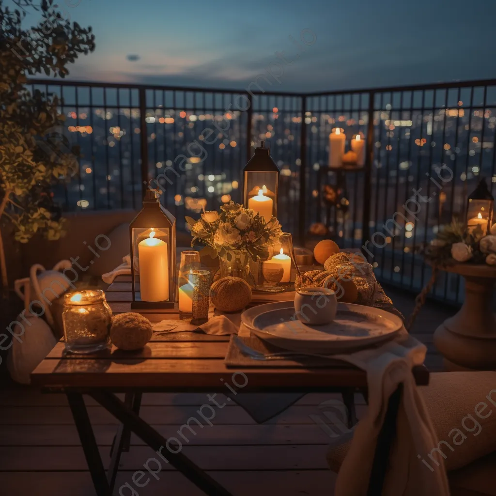 Romantic table setting for two on rooftop terrace at twilight. - Image 2