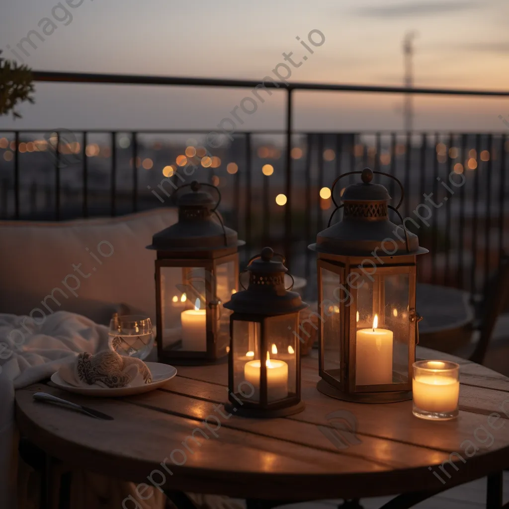 Romantic table setting for two on rooftop terrace at twilight. - Image 3