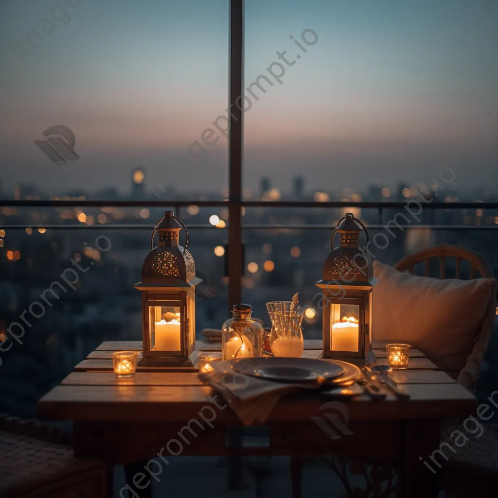 Romantic table setting for two on rooftop terrace at twilight. - Image 4