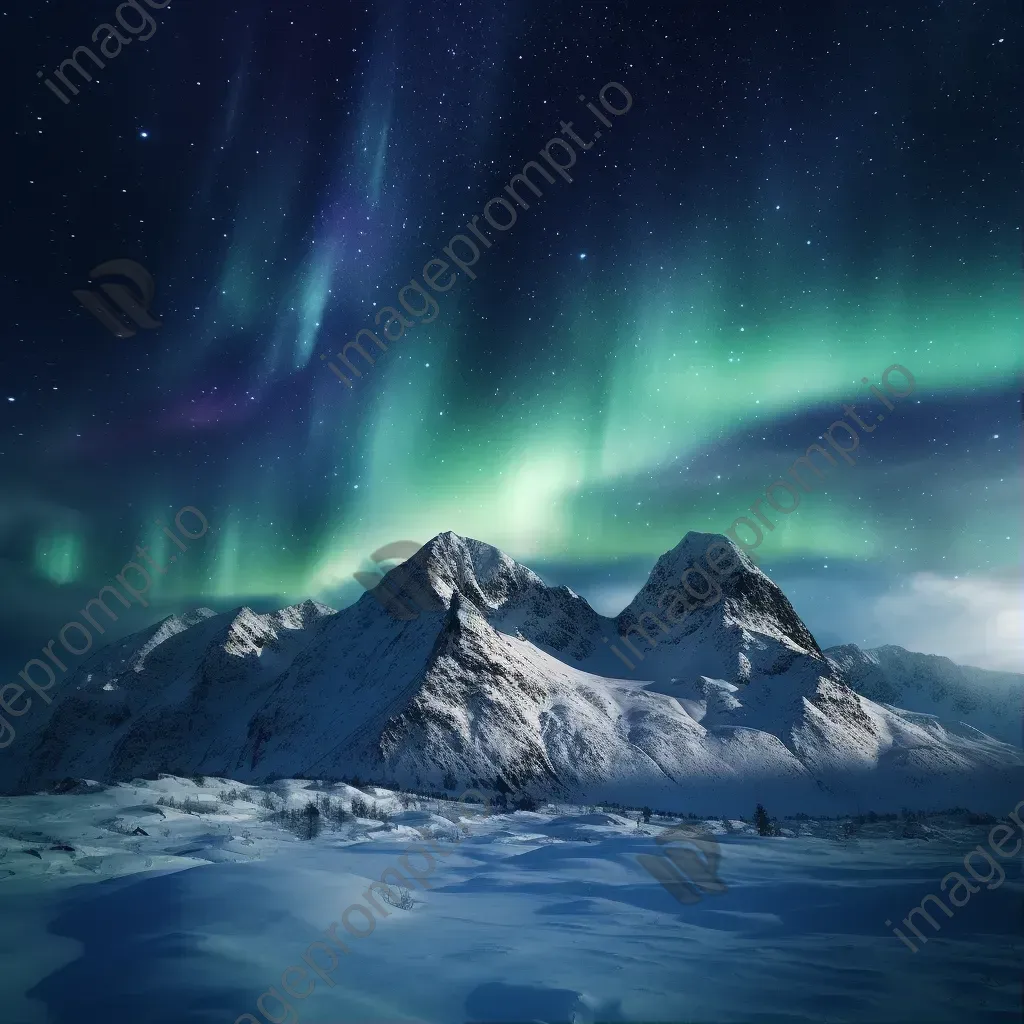 Snow-covered mountains at midnight with aurora borealis in the sky - Image 1