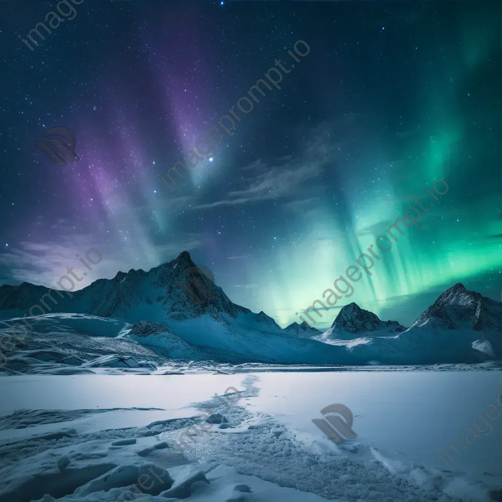 Snow-covered mountains at midnight with aurora borealis in the sky - Image 3