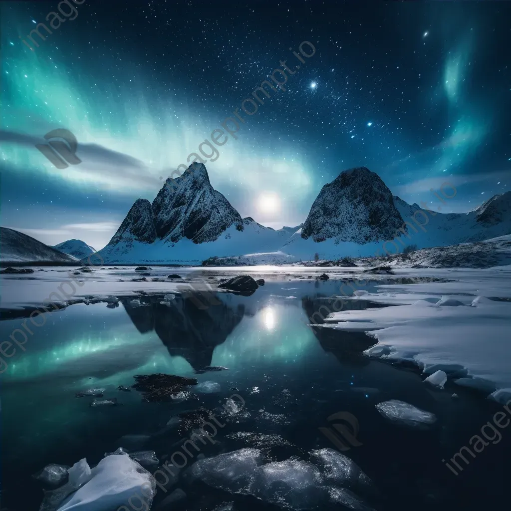 Snow-covered mountains at midnight with aurora borealis in the sky - Image 4