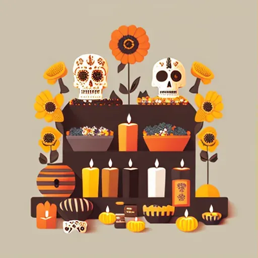 Mexican Day of the Dead altar with marigolds, candles, and sugar skulls - Image 1