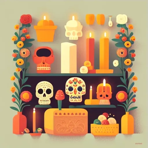 Mexican Day of the Dead altar with marigolds, candles, and sugar skulls - Image 3