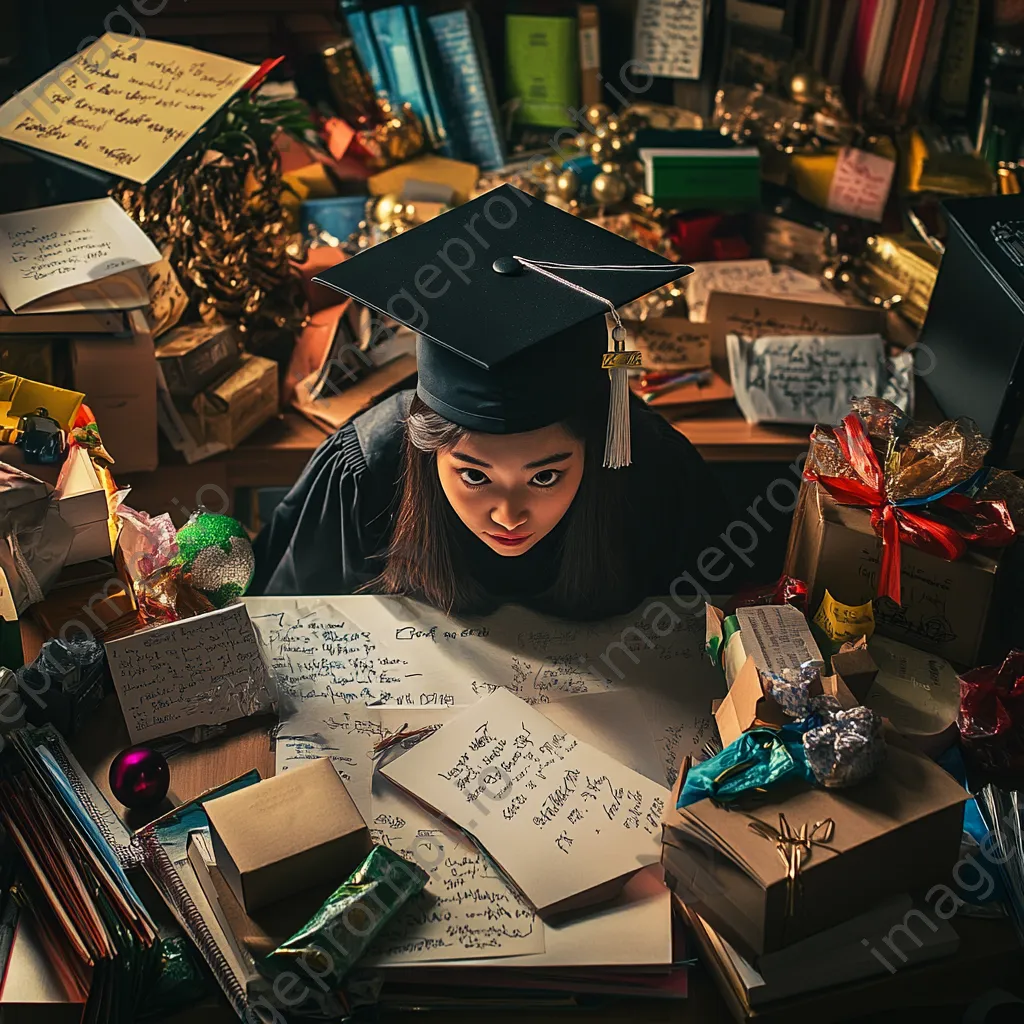 Graduate desk with congratulatory gifts and messages - Image 4