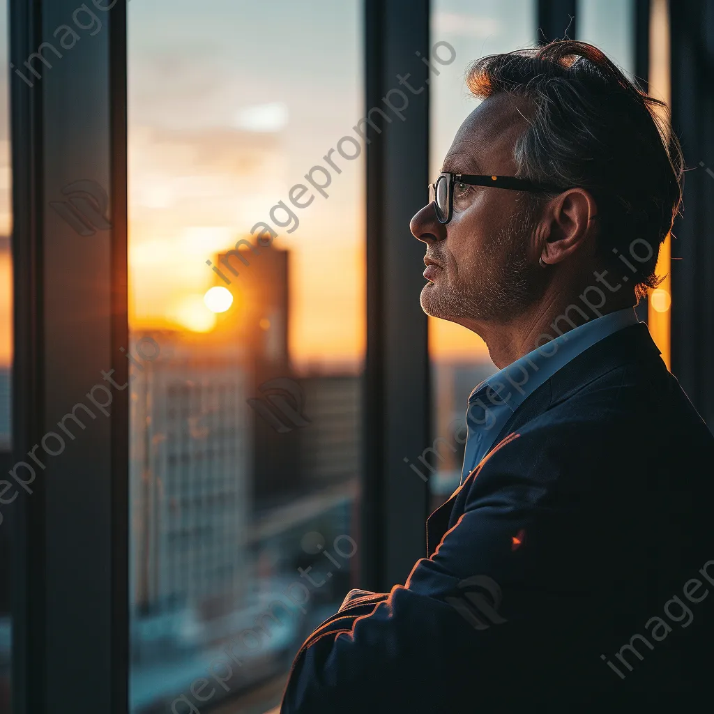 Executive looking out the window at sunset - Image 1