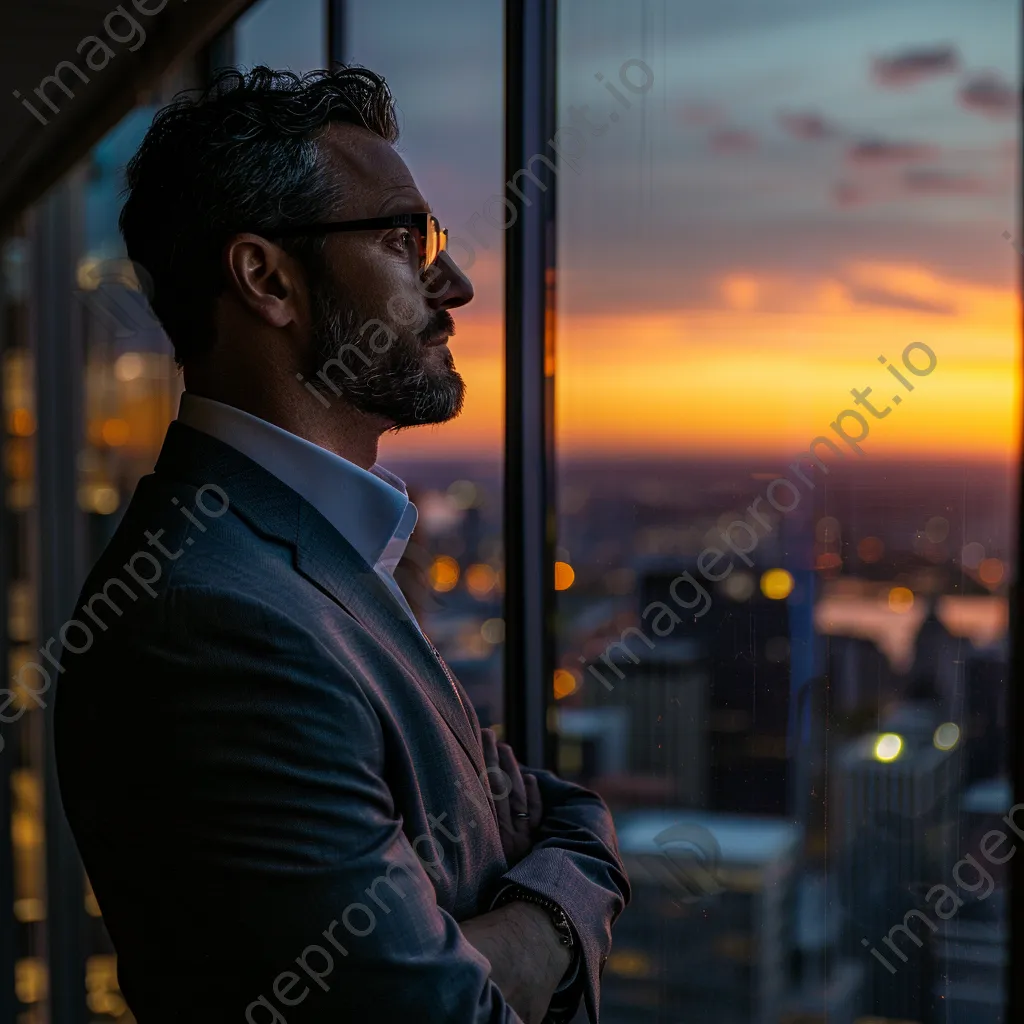 Executive looking out the window at sunset - Image 2