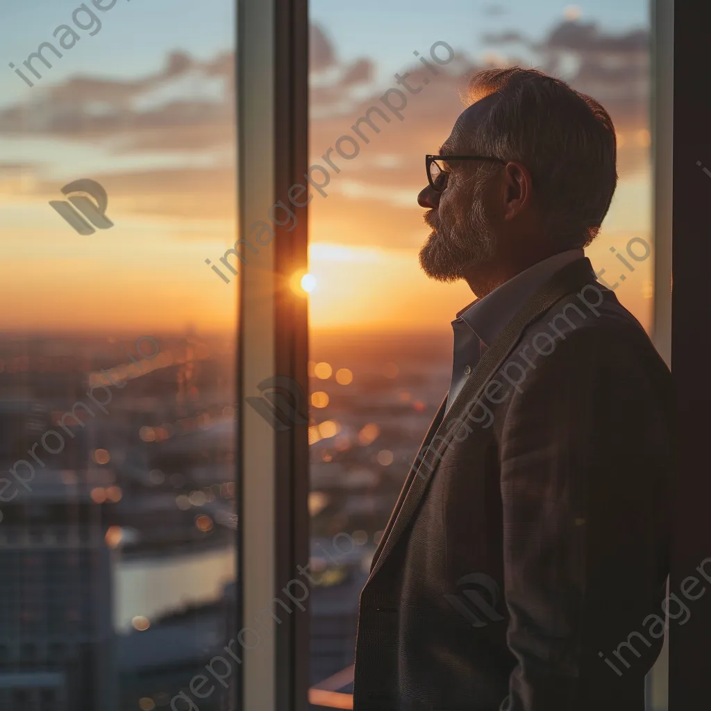 Executive looking out the window at sunset - Image 3