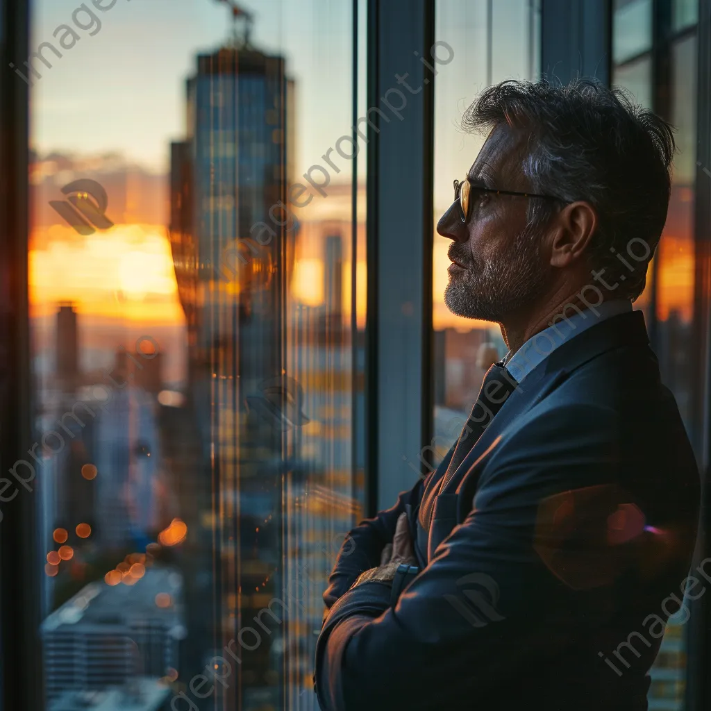 Executive looking out the window at sunset - Image 4