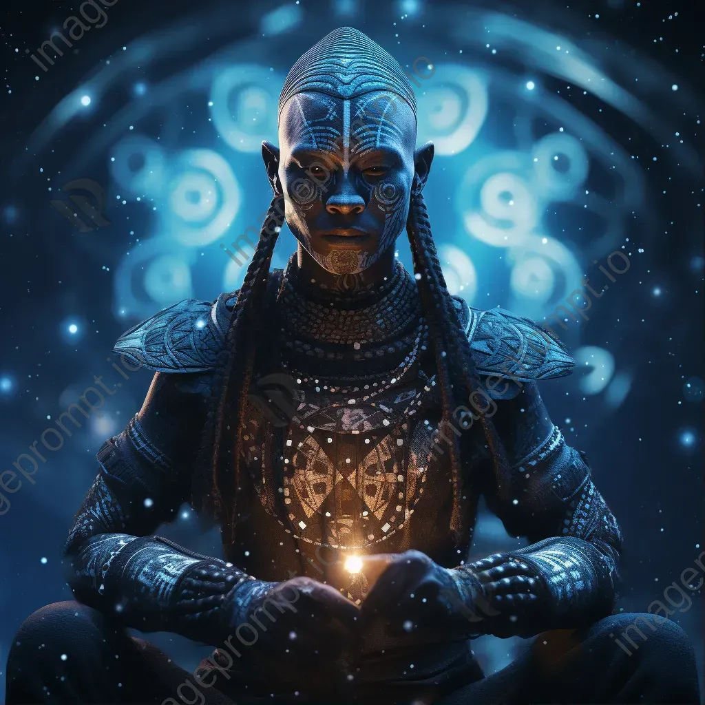 Warrior priest with sacred geometric body art, glowing in the moonlit ritual - Image 1