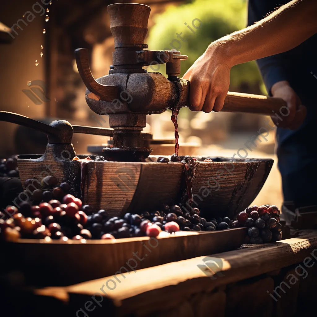 Winemaker operating a wooden wine press - Image 2