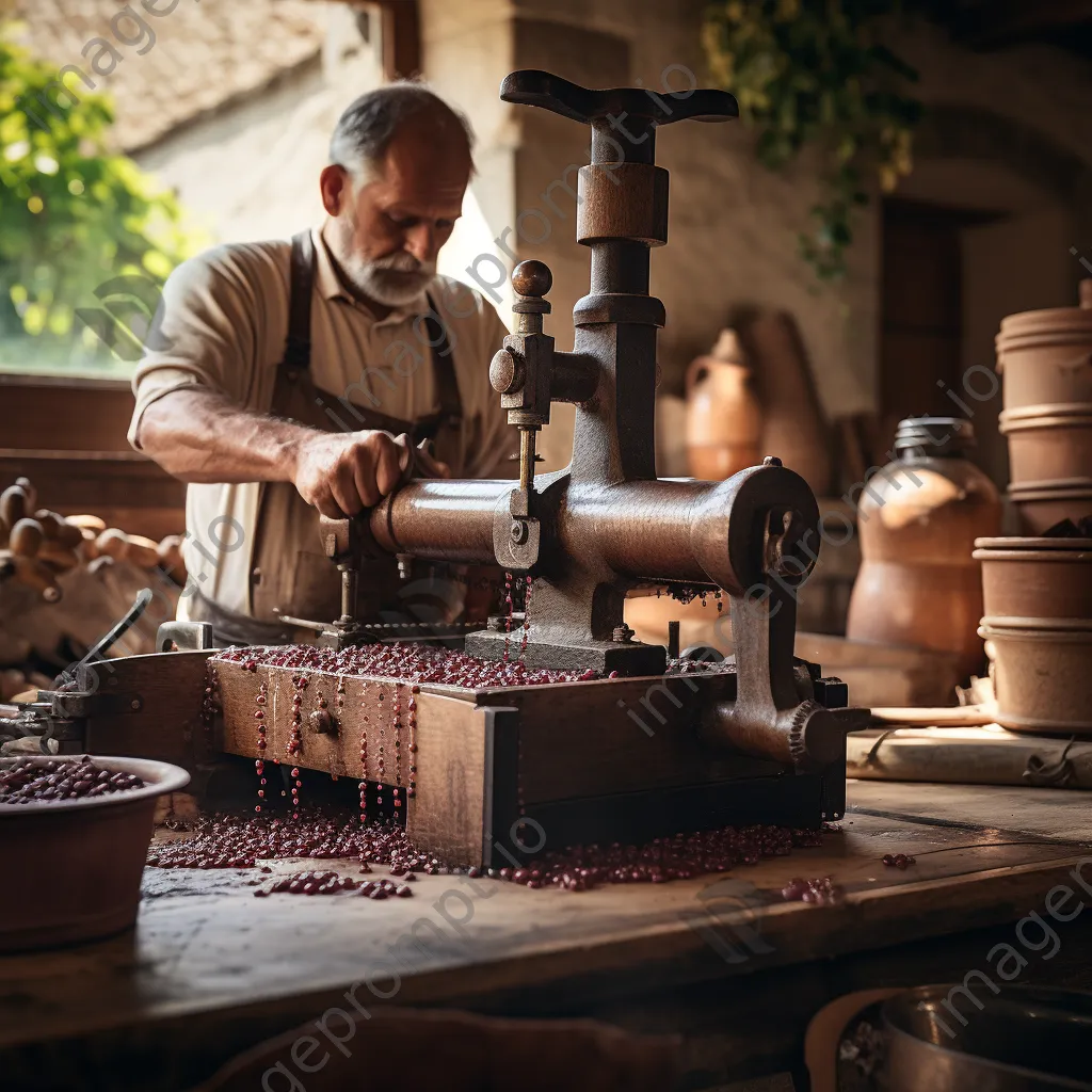 Winemaker operating a wooden wine press - Image 3