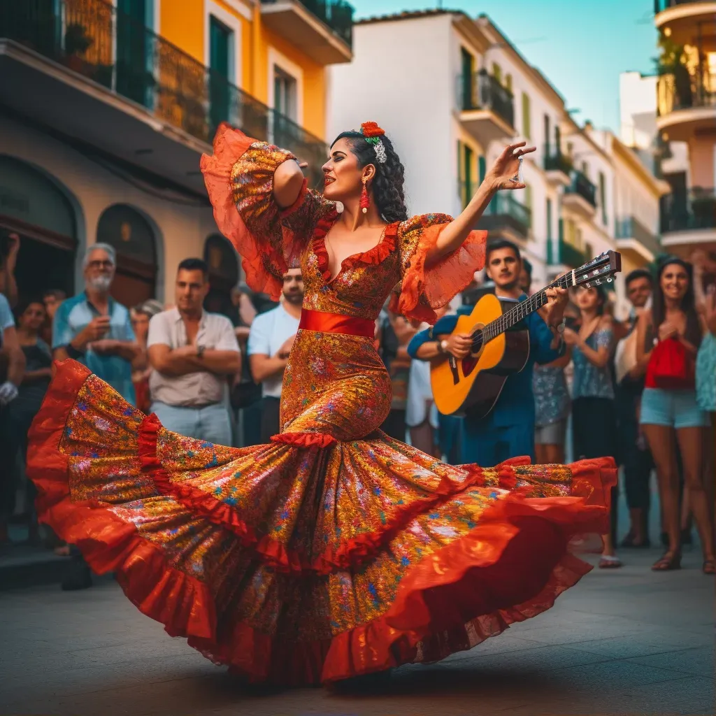 Colorful flamenco dancers performing on street with Spanish guitar music - Image 1