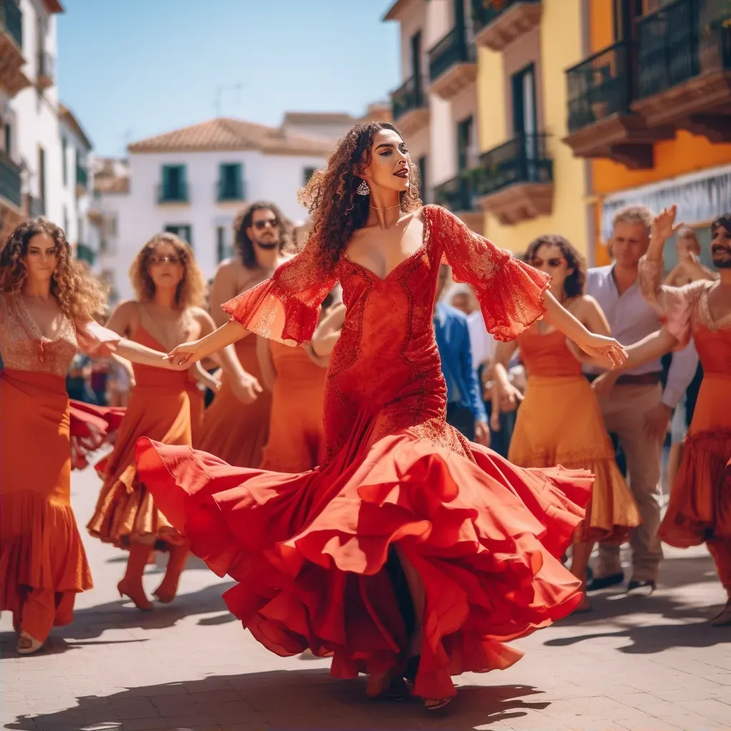 Colorful flamenco dancers performing on street with Spanish guitar music - Image 2