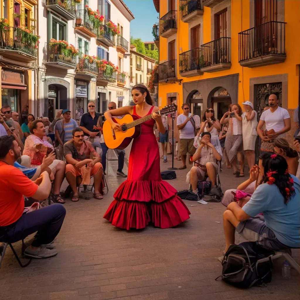 Colorful flamenco dancers performing on street with Spanish guitar music - Image 3