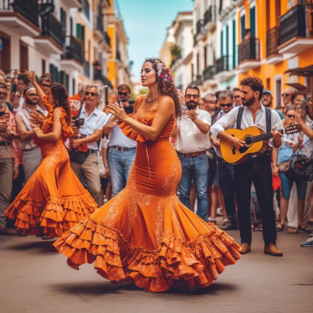 Colorful flamenco dancers performing on street with Spanish guitar music - Image 4