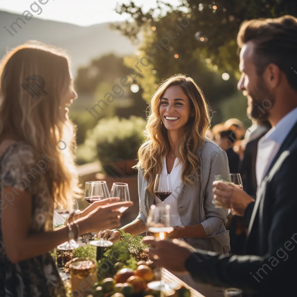 Guests enjoying wine tasting at an outdoor vineyard terrace. - Image 1