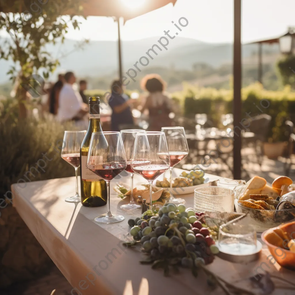 Guests enjoying wine tasting at an outdoor vineyard terrace. - Image 2