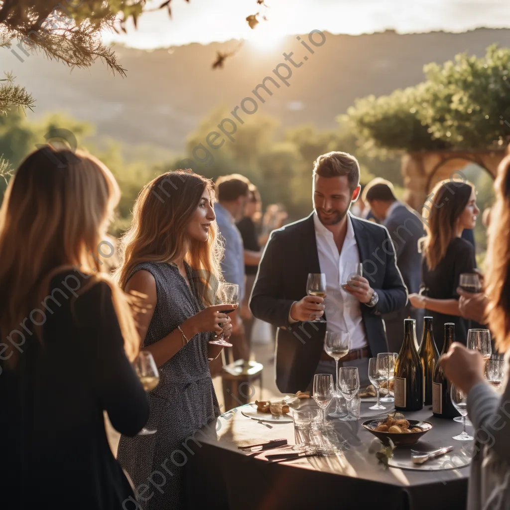 Guests enjoying wine tasting at an outdoor vineyard terrace. - Image 4