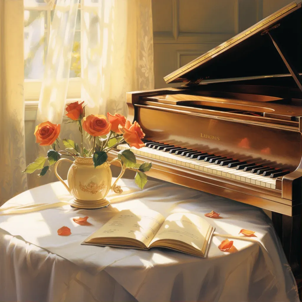 Grand piano in a sunlit room with scattered sheet music and roses - Image 1