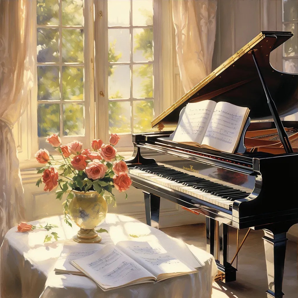 Grand piano in a sunlit room with scattered sheet music and roses - Image 3