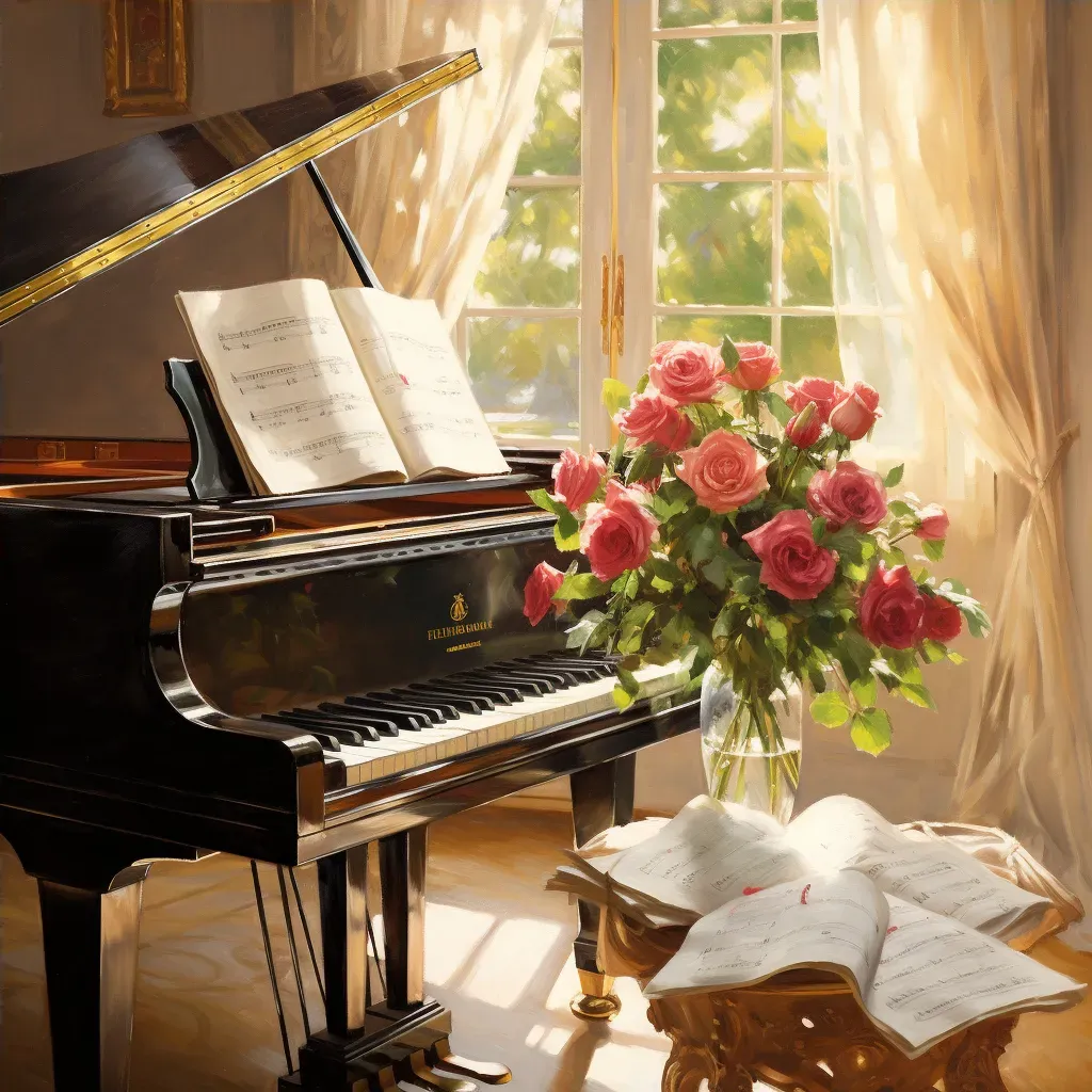 Grand piano in a sunlit room with scattered sheet music and roses - Image 4