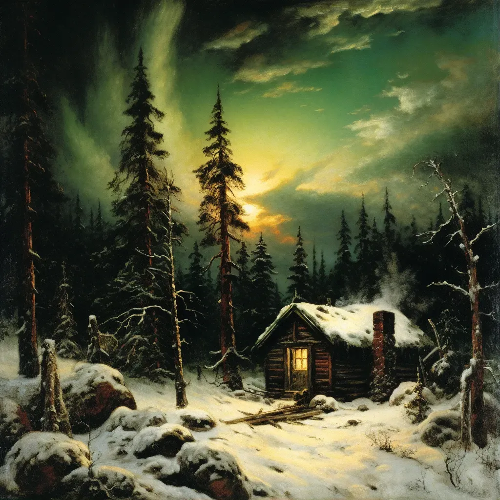 Rustic cabin in snow-covered forest under northern lights - Image 1