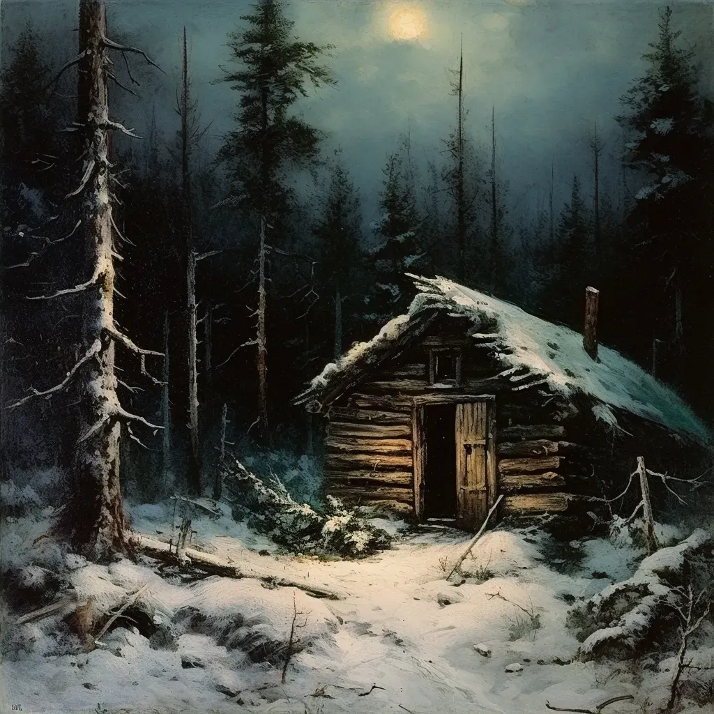 Rustic cabin in snow-covered forest under northern lights - Image 2