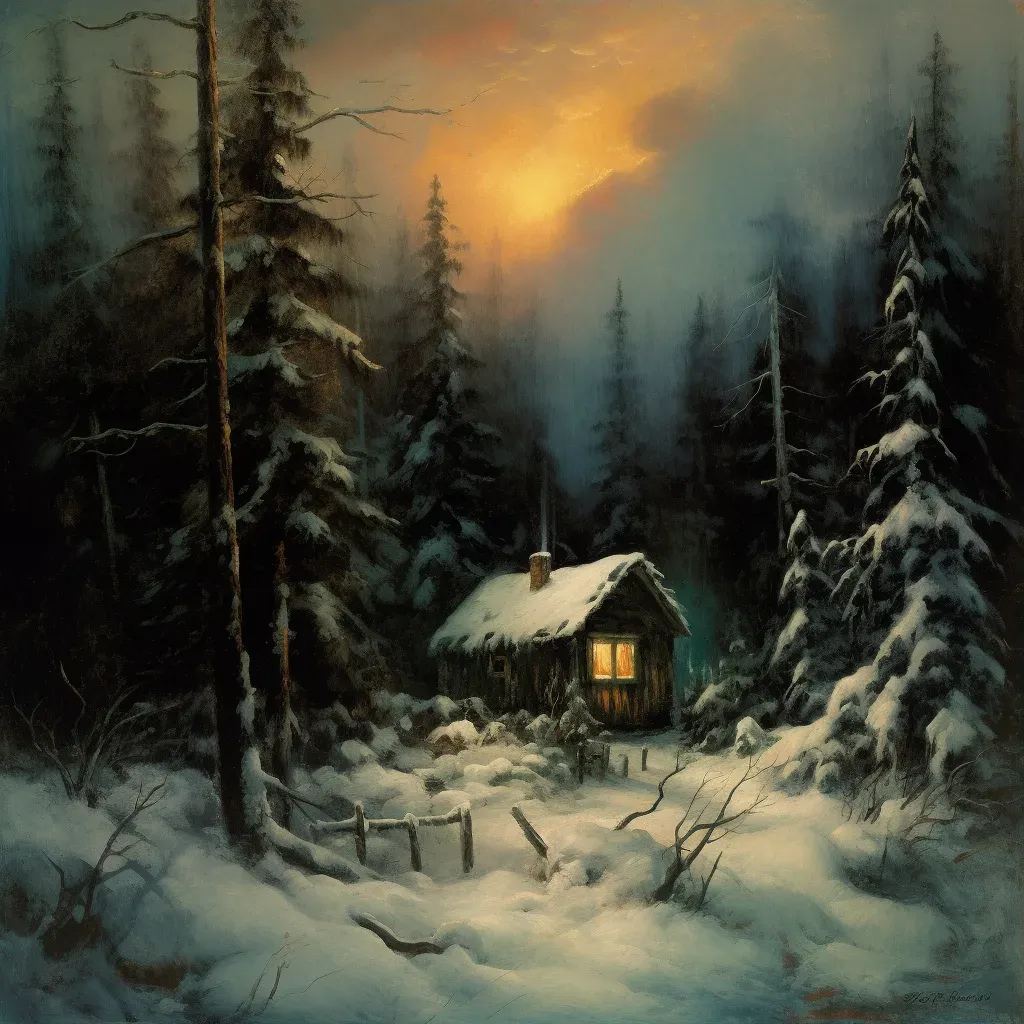 Rustic cabin in snow-covered forest under northern lights - Image 3