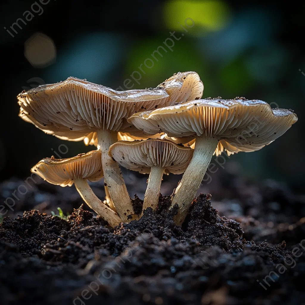 Tawny mushrooms emerging from dark soil - Image 1