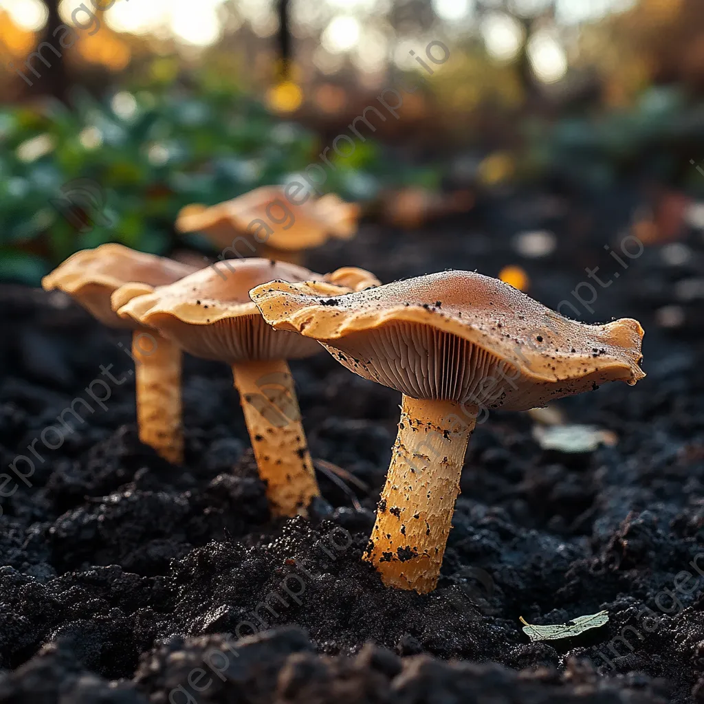 Tawny mushrooms emerging from dark soil - Image 2