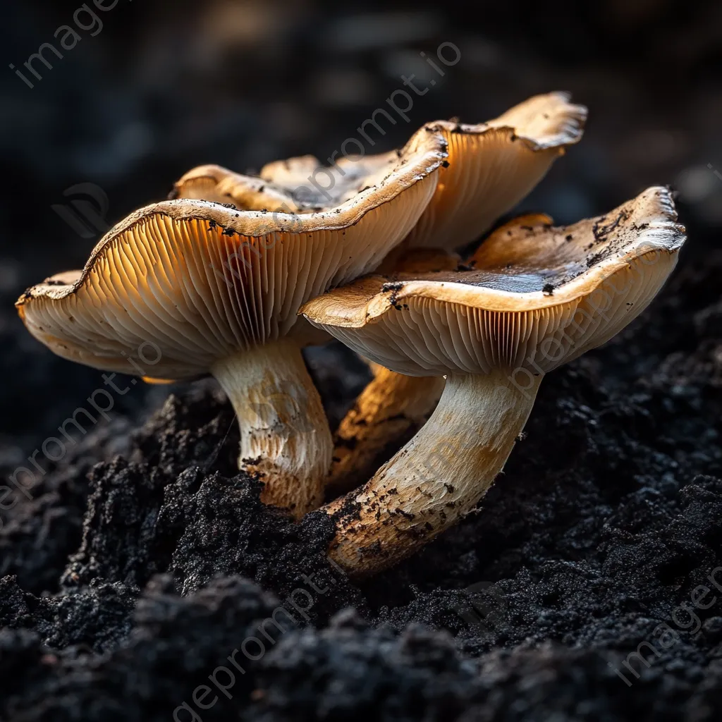 Tawny mushrooms emerging from dark soil - Image 3