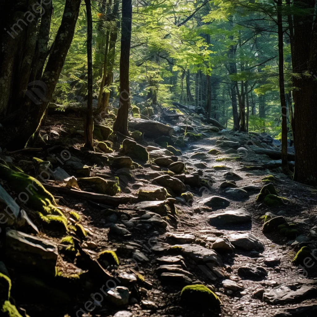 Rocky woodland trail with sunlight filtering through branches - Image 1