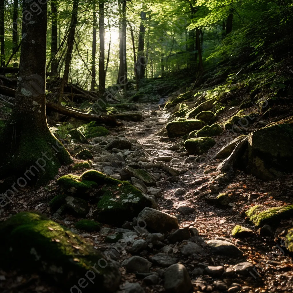 Rocky woodland trail with sunlight filtering through branches - Image 2