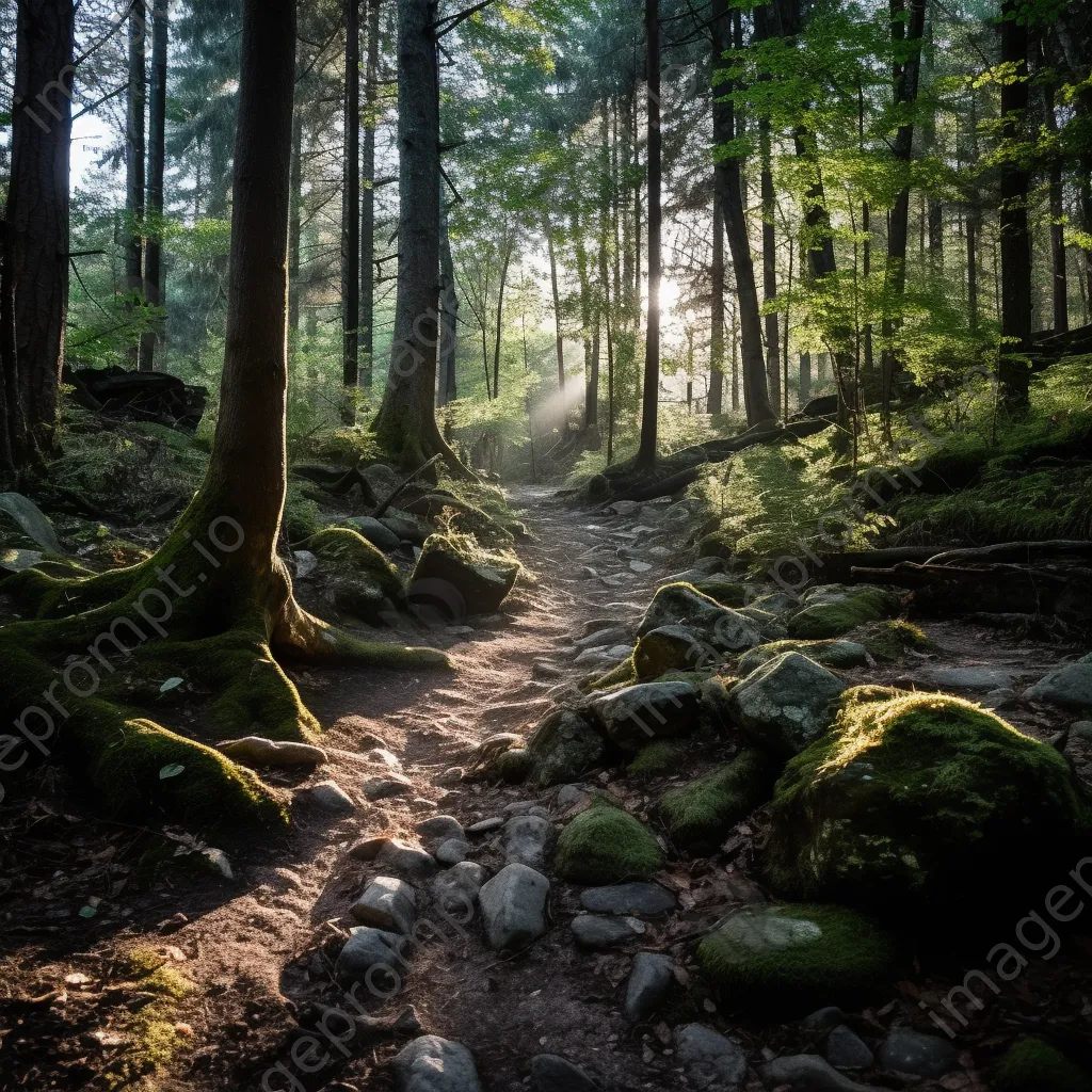 Rocky woodland trail with sunlight filtering through branches - Image 4